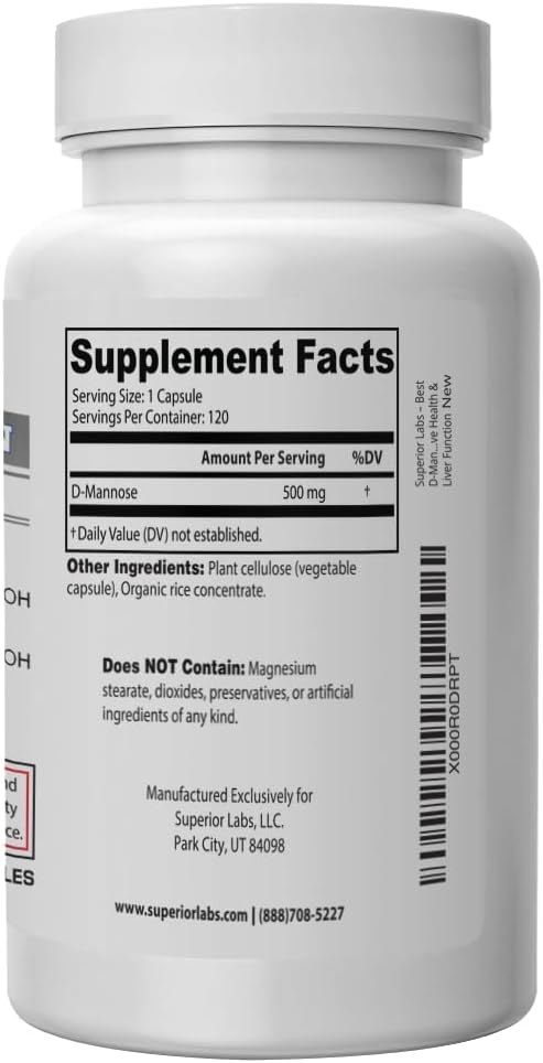 Superior Labs D-Mannose 500 mg, Pure Non-GMO Optimal Absorption Prebiotic, Urinary Tract, Bladder & Kidney UTI Support, Digestive & Liver Health Aid, IC Relief for Women & Men, 120 Veg Caps