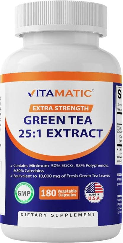 Vitamatic Green Tea Extract with Vitamin C, 25X Concentrate, 98% Polyphenols, 80% Catechins, 50% EGCG, 180 Veg Capsules