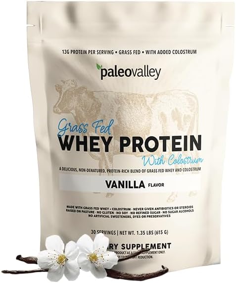 Paleovalley 100% Grassfed Whey Protein Powder with Colostrum, 13g Protein, Vanilla, Muscle Building, Immune Support, Gut Health, 30 Servings