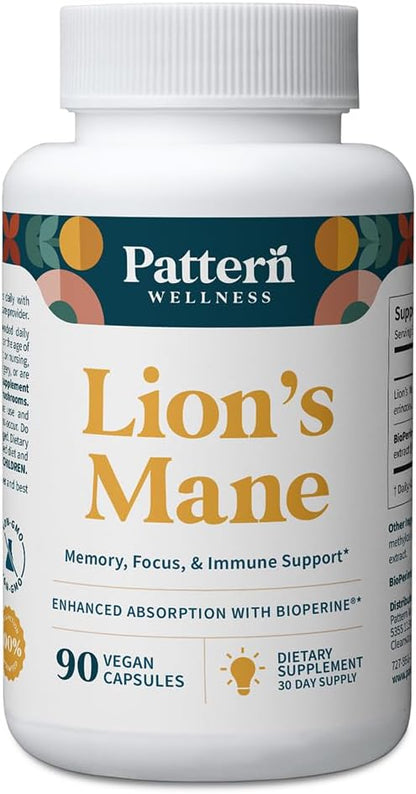 Pattern Wellness Lion’s Mane Mushroom – Supplement Capsules for Cognitive & Focus Support – Enhanced Absorption – 90 Vegan Capsules