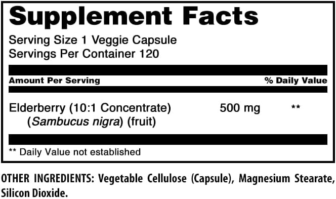 Amazing Formulas Elderberry Supplement | 500 Mg Per Serving | 120 Veggie Capsules | 10:1 Concentrate | Non-GMO | Gluten-Free | Made in USA