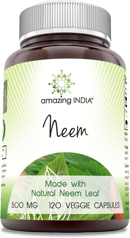 Amazing India Neem (Made with Natural Neem Leaf) Supplement | 500 Mg | 120 Veggie Capsules | Non-GMO | Gluten-Free | Made in USA
