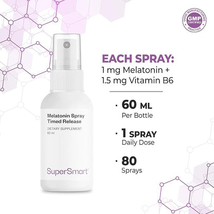 Supersmart - Melatonin Spray 1mg per Day (Fast Action & Timed Release) - Natural Pepper Mint Flavor - Melatonin Spray for Sleep | Non-GMO & Gluten Free - 60 ml