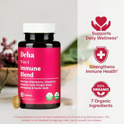 7-in-1 Immune Support Supplement Tablets Moringa Vitamin C Elderberry with Oregano Leaf, Ginger Root, Astragalus & Garlic Bulb Herbal Wellness - GMP Certified - Organic, Non-GMO, Vegan - 90 Count