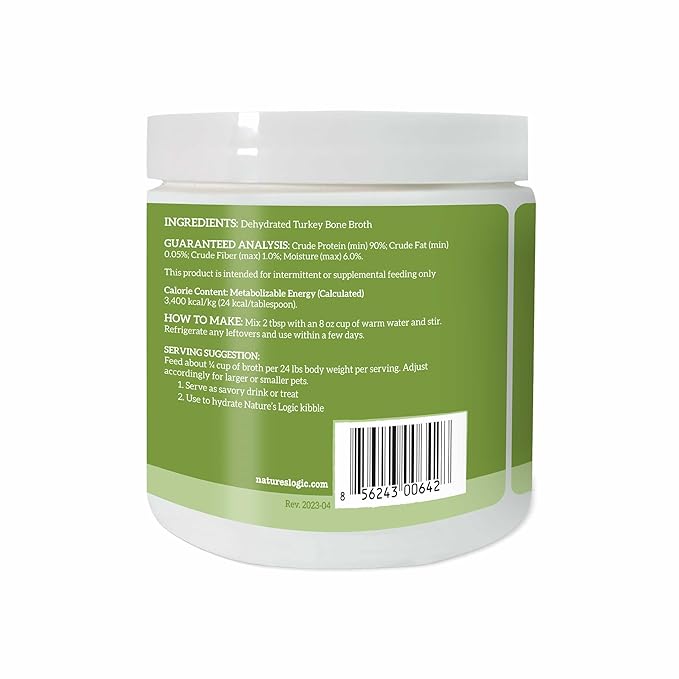 Nature's Logic Dehydrated Bone Broth Powder - 100% Natural Dog & Cat Topper - Rich in Glucosamine & Chondroitin - Boosts Immune System - Gluten-Free, No Synthetic Ingredients - Turkey, 6oz