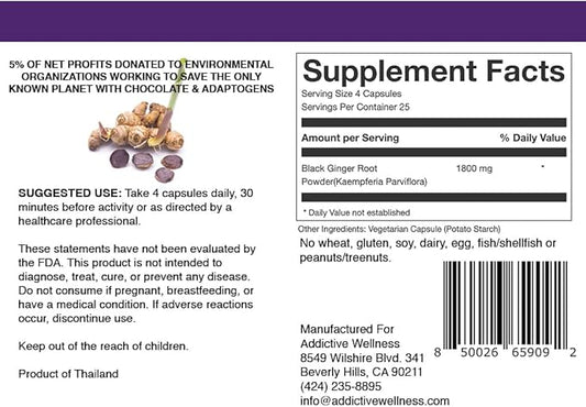 Addictive Wellness Black Ginger Capsules 450mg, Kaempferia Parviflora Supplement to Support Energy, Metabolism, Endurance & Performance, Thai Black Ginger for Men, Vegan & Paleo, 100 Count