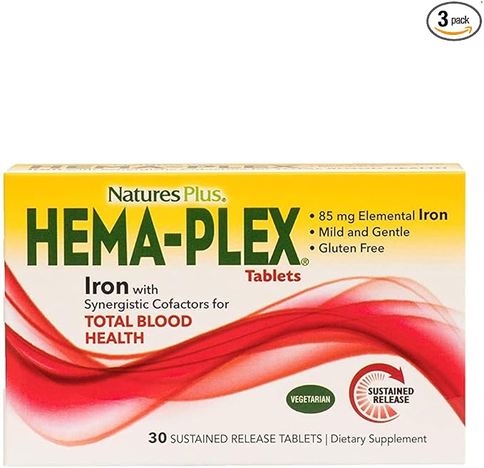 NaturesPlus Hema-Plex Iron - 30 Slow-Release Tablets, Pack of 3 - Total Blood Health - 85 mg Chelated Iron - With Vitamin C & Bioflavonoids - Non GMO, Vegetarian & Gluten Free - 90 Total Servings