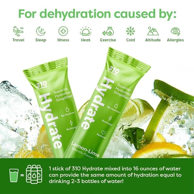 310 Hydrate Electrolyte Powder Packets – Key Vitamins & Minerals – No Sugar – Keto Friendly Hydration Drink – 30 Single Servings, Lemon Lime Flavor