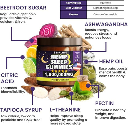 STIRLING Sleep Gummies 1800000mg - Organic Hemp Sleep Gummies for Adults - Maximum Strength Sleep Gummies with Orange Creamcicle Flavor - Premium Hemp Sleep Gummies for Restful Nights
