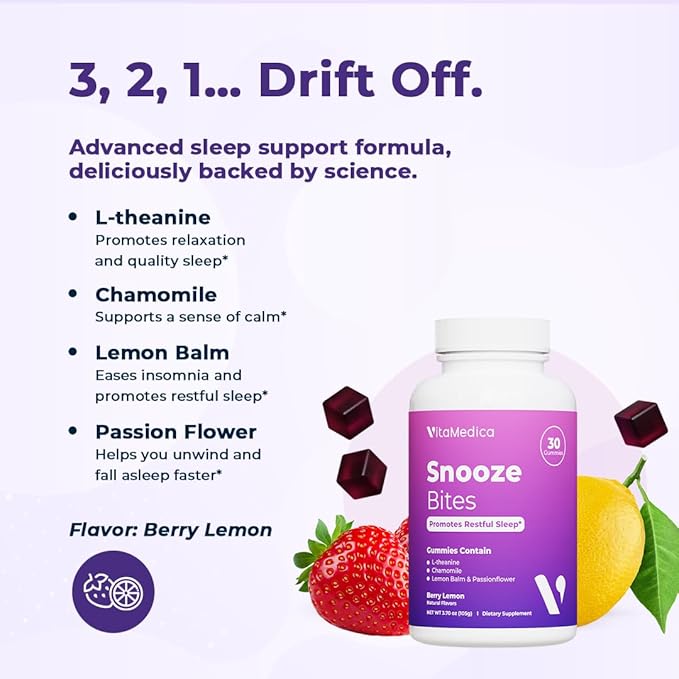 VitaMedica Snooze Sleep Gummies - Melatonin-Free, Zero Grogginess - L-Theanine, Chamomile, Passionflower & Lemon Balm - Sleep Aid Gummies for Adults - 60 Count (2 Pack)
