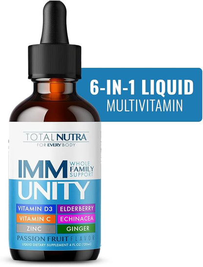 Total Immune 6-in-1 Liquid Multivitamin Supplement | 100% Daily Zinc, Vitamin D3, Vitamin C Immunity Drops Vitamin Liquid | Elderberry, Echinacea, Ginger Support for Adults & Kids | 4 oz Passion Fruit