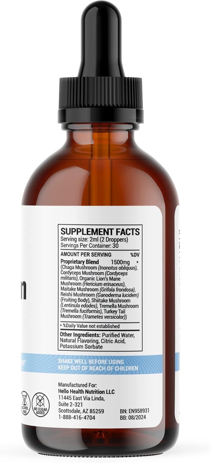 8-in-1 Mushroom Supplement Drops – Nootropics Brain Support Supplement Liquid Mushroom Complex with Lions Mane, Turkey Tail, Reishi & Shiitake Mushrooms Extract for Energy & Immune Support 2 Oz