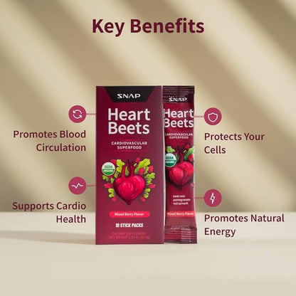 Snap Supplements Heart Beets Stick Packs, Organic Beet Root Powder Drink Mix, Cardiovascular Support for Men & Women, Beets, Pomegranate & Red Spinach, Nitric Oxide Booster, Mixed Berry, 10 Servings
