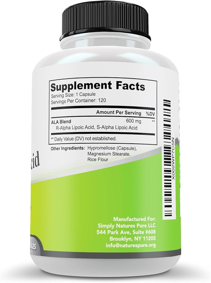 Simply Natures Pure Alpha Lipoic Acid 600mg 240 Veggie Capsules, Non-GMO Thioctic Acid 8 Month Supply