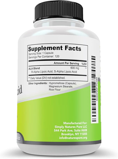 Simply Natures Pure Alpha Lipoic Acid 600mg 240 Veggie Capsules, Non-GMO Thioctic Acid 8 Month Supply