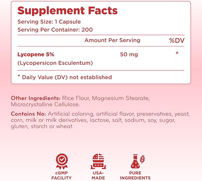 Tomato Based Lycopene Supplement - Extra Strength Lycopene 50mg Non-GMO Super Potent Antioxidant and Carotenoid Heart and Prostate Health Supplement for Men - Made in a cGMP US Lab (200 Servings)