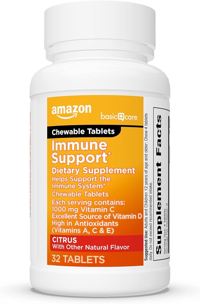 Amazon Basic Care Immune Support Citrus Chew Tablets, 32 Count (Pack of 2)
