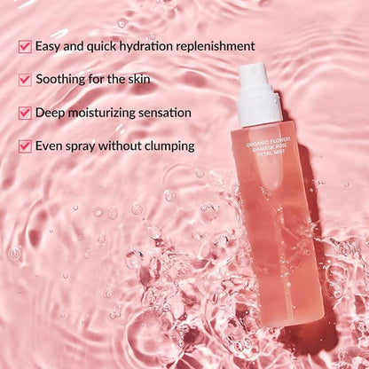 Whamisa Organic Flowers Damask Rose Petal Mist, Facial Mist Spray, Waterless Formula, Fermented Postbiotics, Hydration, Portable (100ml)