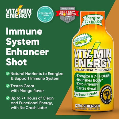 Vitamin Energy Immune+ Extra Strength Energy Shot Mango 24 Pack, 260mg Natural Caffeine, B-Vitamins, Citicoline, Green Tea, Immunity & Focus Support, Zero Sugar, Gluten-Free 1.93 fl oz