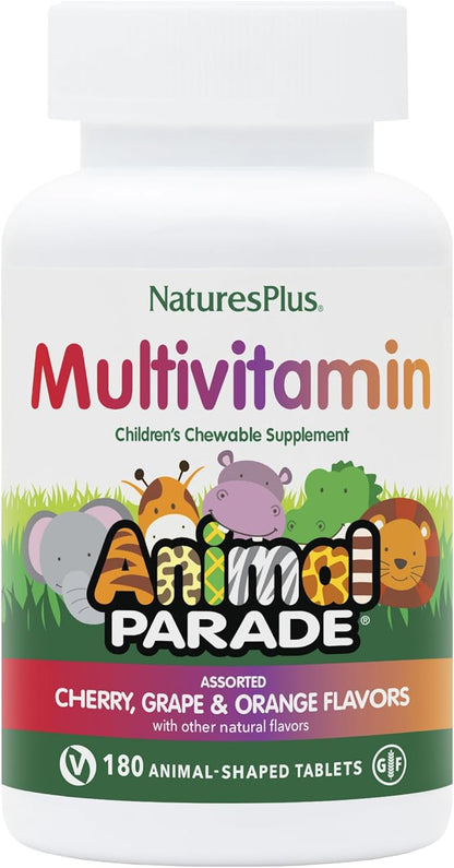 Natures Plus Animal Parade Children's Chewable Multivitamin - 180 Animal-Shaped Tablets, Pack of 3 - Natural Assorted Flavors - Vegan, Gluten Free - 270 Total Servings