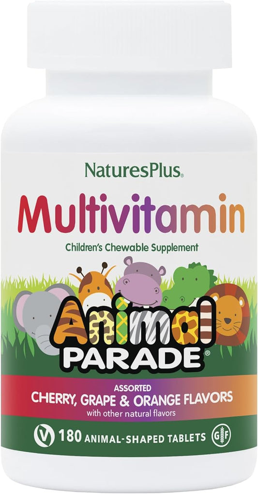 Natures Plus Animal Parade Children's Chewable Multivitamin - 180 Animal-Shaped Tablets, Pack of 3 - Natural Assorted Flavors - Vegan, Gluten Free - 270 Total Servings