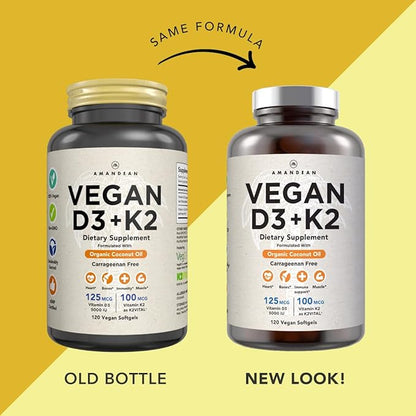 AMANDEAN Vegan Vitamin D3 K2. 5000 iu from Algae. All-Trans MK-7. 120 Softgels. Plant-Based & Carrageenan Free. Organic Coconut Oil Blend. for Mood, Bones, Heart, Immune Health (Packaging May Vary)