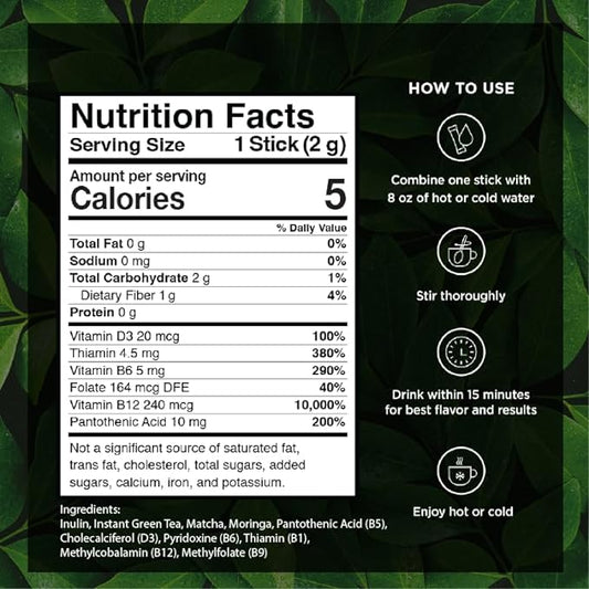VitaCup Green Tea Instant Packets, Enhance Energy & Detox with Matcha, Moringa, B Vitamins, D3, Fiber, Keto, Paleo, Vegan in Tea Powder Single Serving Sticks, 72 Ct