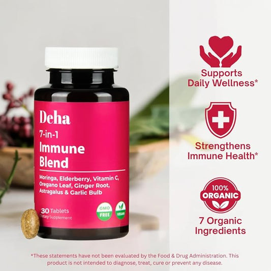 7-in-1 Immune Support Supplement Tablets Moringa Vitamin C Elderberry with Oregano Leaf, Ginger Root, Astragalus & Garlic Bulb Herbal Wellness - GMP Certified - Organic, Non-GMO, Vegan - 30 Count