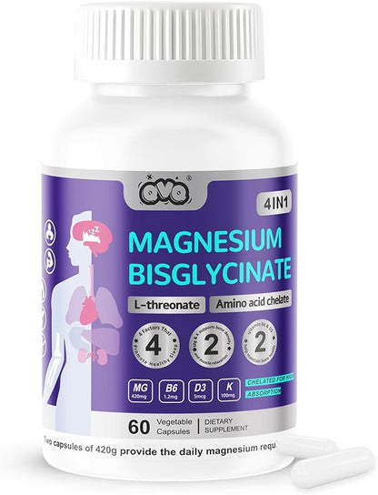 420 Mg Magnesium Bisglycinate L-Threonate Amino Acid Chelated Supplement with Vitamin and Potassium High Absorption Formula for Muscle Relaxation Bone & Joint Support Magnesium Complex Capsules