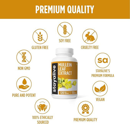STAY ALIVE Mullein Leaf Extract 1000mg, 10:1 Extra Strength, 120 Vegan Mullein Capsules, All Natural, 100% Pure Leaves Powder, 2 Month Supply, Non-GMO and Gluten-Free Supplement
