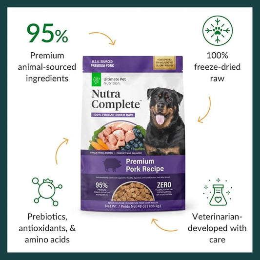 ULTIMATE PET NUTRITION Nutra Complete Freeze Dried Raw Dog Food, Veterinarian Formulated with Antioxidants, Prebiotics & Amino Acids (3 Pound, Pork)