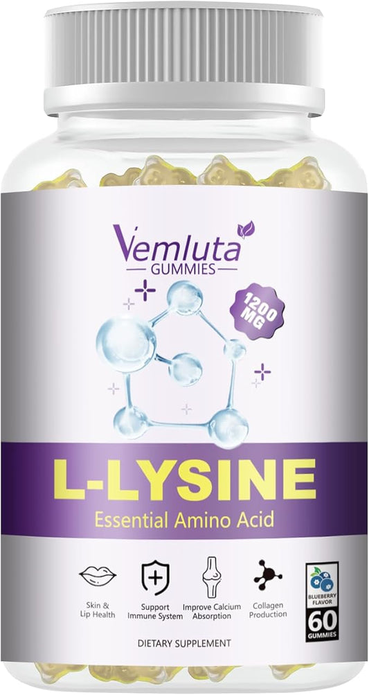 1 Pack 1200 MG L-Lysine Gummies for Immune Support & Collagen Boost - Chewable Lysine Supplement for Adults, Lip ＆ Cold Sore* Support for Women,Blueberry, Non-GMO, Gluten Free,60 Counts