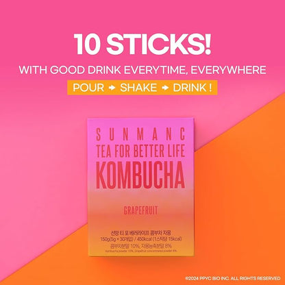 SUNMANC Kombucha 10 packets, Sparkling Probiotic Fermented Drink, Convenient Powdered Drink Mix, Tea Powder, Low Calories, Sugar 0g, Low Caffeine (Grapefruit)