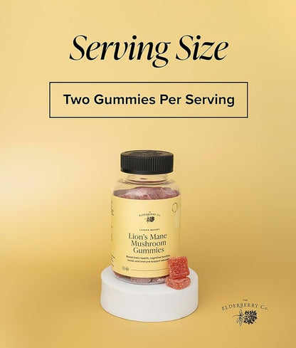 The Elderberry Co. Lion's Mane Mushroom Gummies Made from The Fruiting Body Lemon Berry Flavor Supports Immune Health, and Cognitive Function & Mental Clarity 60 Ct.