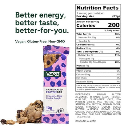 Verb Energy - Caffeinated Protein Bars Chocolate Chip Cookie Dough 190-Calorie Low Sugar 10g Protein Bar - Vegan Snacks - Gluten Free Breakfast Bars with Organic Green Tea, 51g Per Bar (Pack of 12)