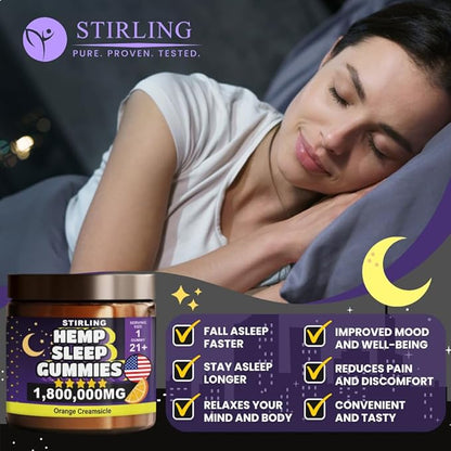 STIRLING Sleep Gummies 1800000mg - Organic Hemp Sleep Gummies for Adults - Maximum Strength Sleep Gummies with Orange Creamcicle Flavor - Premium Hemp Sleep Gummies for Restful Nights