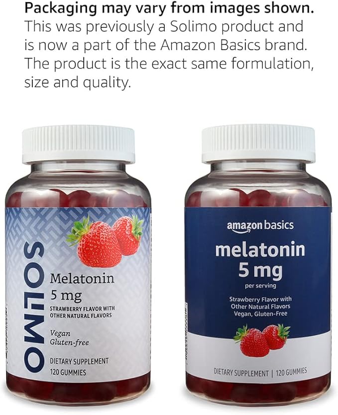 Amazon Basics Melatonin, Sleep Support Gummies, Strawberry Flavor, 5mg, 120 Count (Previously Solimo)