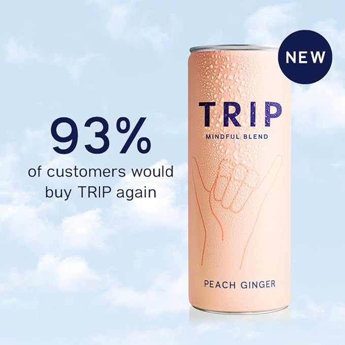 Trip Mindful Blend, Lightly Sparkling Adaptogen Seltzer, Mocktail w/ 120mg Magnesium Citrate with Ashwagandha, Lions Mane & L Theanine, No Added Sugar, Vegan, Peach Ginger, 12 Oz, 12Pk
