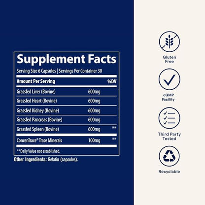 Trace Minerals Beef Organ, 600mg - Bone & Energy Health Support Supplement - Nutritional Supplement Aids Healthy Organs - Healthy Hearth & Immunity Support with Minerals - 180 Capsules (30 Servings)