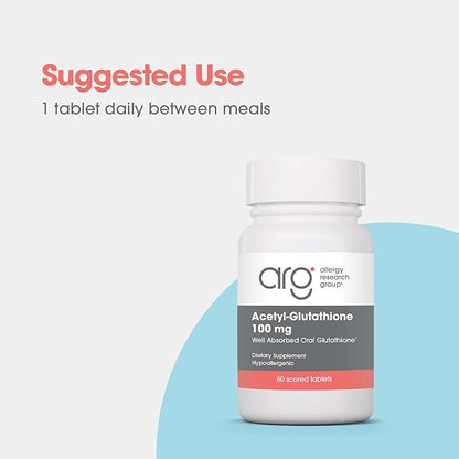 Allergy Research Group Acetyl-Glutathione - S-Acetyl-L-Glutathione, Well Absorbed Oral Immune Support, 100 mg Supplement, Hypoallergenic, Scored Tablets - 60 Count