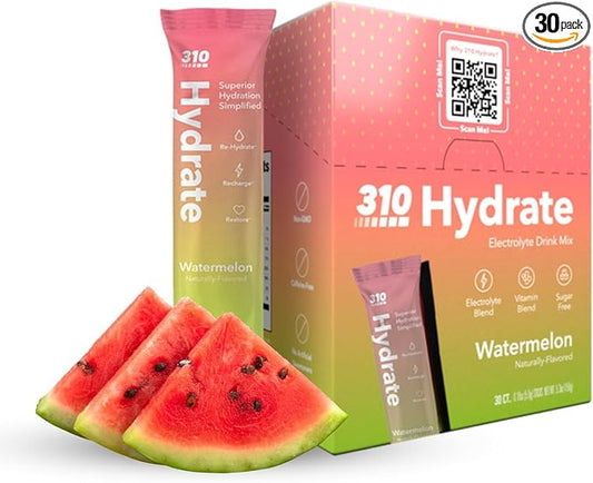 310 Hydrate Watermelon Electrolytes Powder Packets - No Sugar Hydration Packets with Key Vitamins & Minerals - Keto Friendly - Tasty Sugar Free Electrolyte Drink - 30 Single Servings