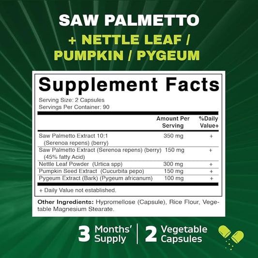 Vitamatic Saw Palmetto Extract for Men & Women 180 Veg Capsules - Made with Pumpkin Seed, Pygeum, Nettle Leaf - Made in The USA - Promotes Healthy Prostate Function-2 Pack