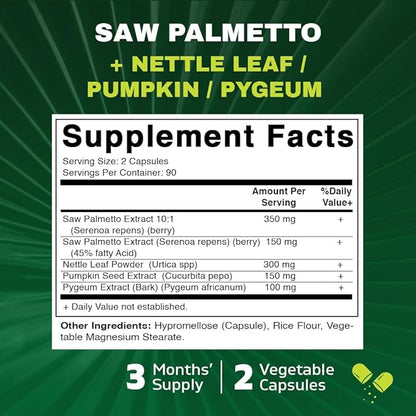 Vitamatic Saw Palmetto Extract for Men & Women 180 Veg Capsules - Made with Pumpkin Seed, Pygeum, Nettle Leaf - Made in The USA - Promotes Healthy Prostate Function