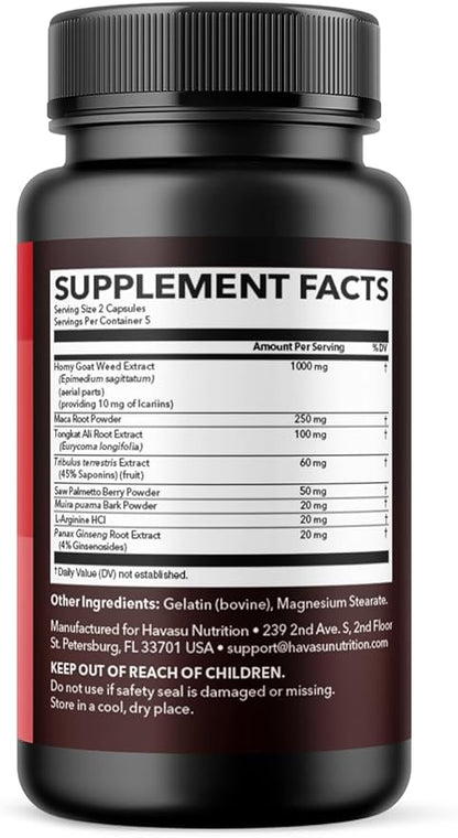 Unisex Horny Goat Weed Capsules for Men & Women - Extra Strength Performance & Energy Support with Tongkat Ali, Muira Puama, and Saw Palmetto - 10 Count - Herbal Supplement for Increased Endurance