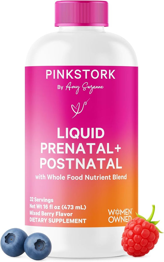 Pink Stork Liquid Prenatal Vitamins for Women - Berry Flavor - Organic Food Blend - for Fertility, Pregnancy, Postpartum- Morning Sickness Support - Breastfeeding and Lactation - 32 Servings
