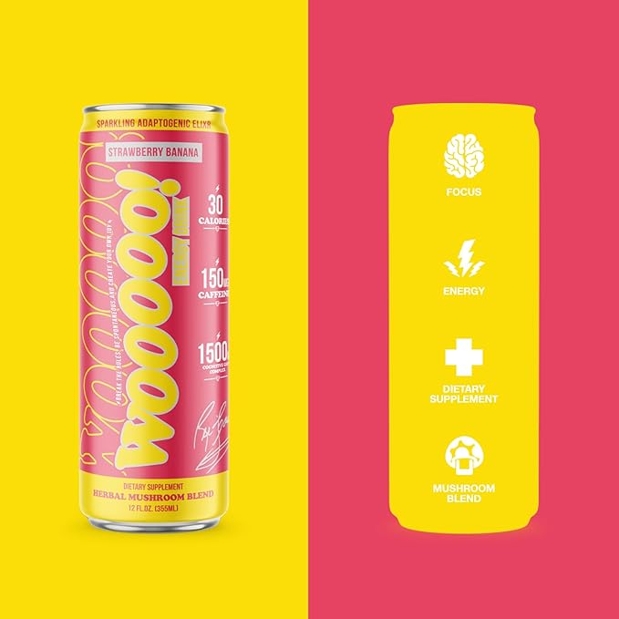 Wooooo! Energy Ric Flair Sparkling Adaptogenic Mushroom Energy Drink | Natural Antioxidants & Nootropics | Lion’s Mane & Cordyceps | 150mg Caffeine | 12 Pack (Strawberry Banana)