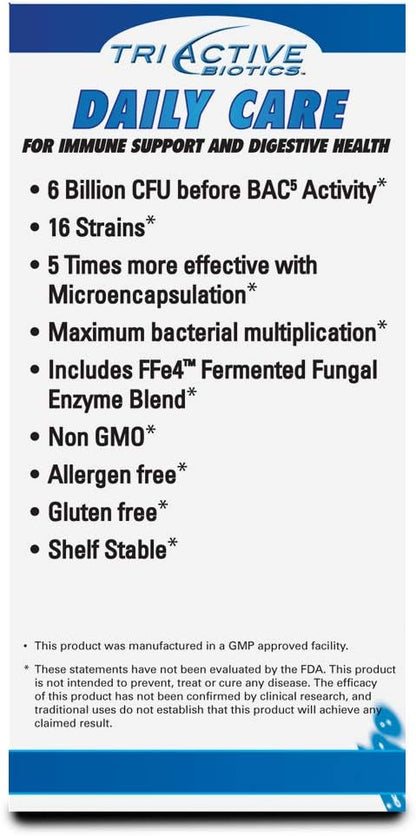TriActive Biotics Daily Care - Probiotics for Women and Men, Prebiotic Blend with 6 Billion CFU - Probiotics for Digestive Health - Support Gut Health, Immune Defense - 30 Capsules