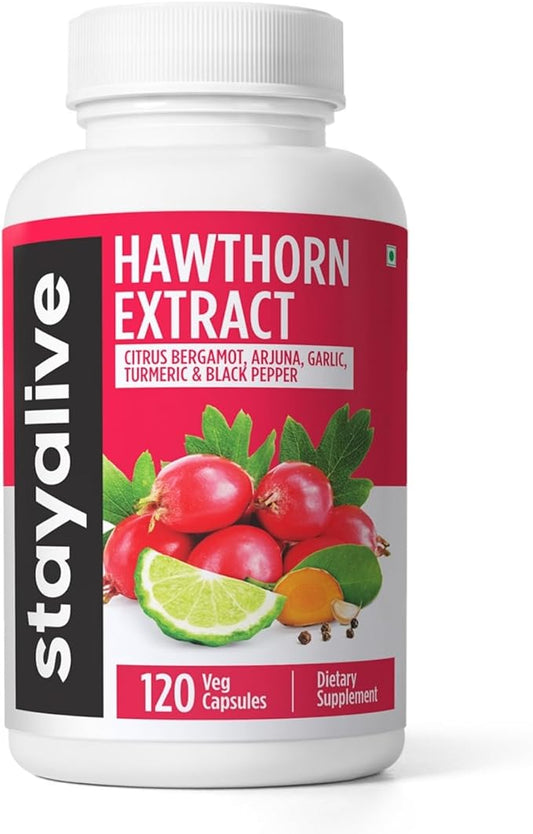 STAY ALIVE Extra Strength Hawthorn Berry Capsules, 20:1 Extract, 6-in-1 Antioxidant w/Citrus Bergamot, Turmeric Root Powder, Garlic, Arjuna & Black Pepper, 120 Vegan Pills, Hawthorne Berry Supplement