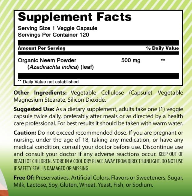 Amazing India Neem (Made with Natural Neem Leaf) Supplement | 500 Mg | 120 Veggie Capsules | Non-GMO | Gluten-Free | Made in USA