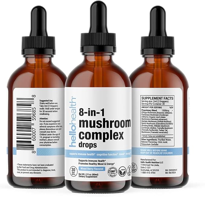8-in-1 Mushroom Supplement Drops – Nootropics Brain Support Supplement Liquid Mushroom Complex with Lions Mane, Turkey Tail, Reishi & Shiitake Mushrooms Extract for Energy & Immune Support 2 Oz